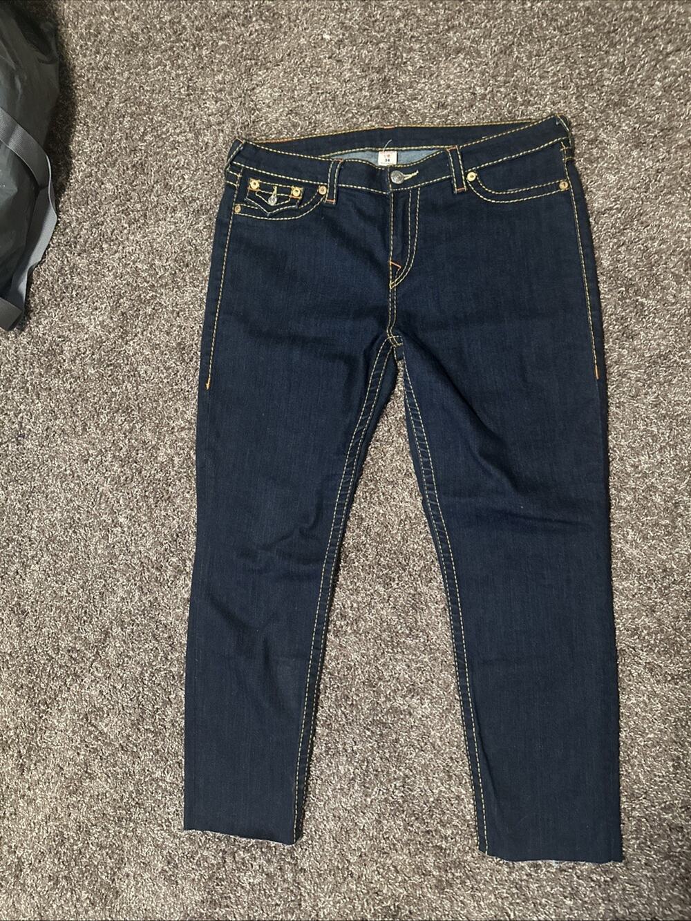True Religion NWOT Size 34 Skinny Flap Big T Capri Jeans Dark Blue Wash Raw Hem